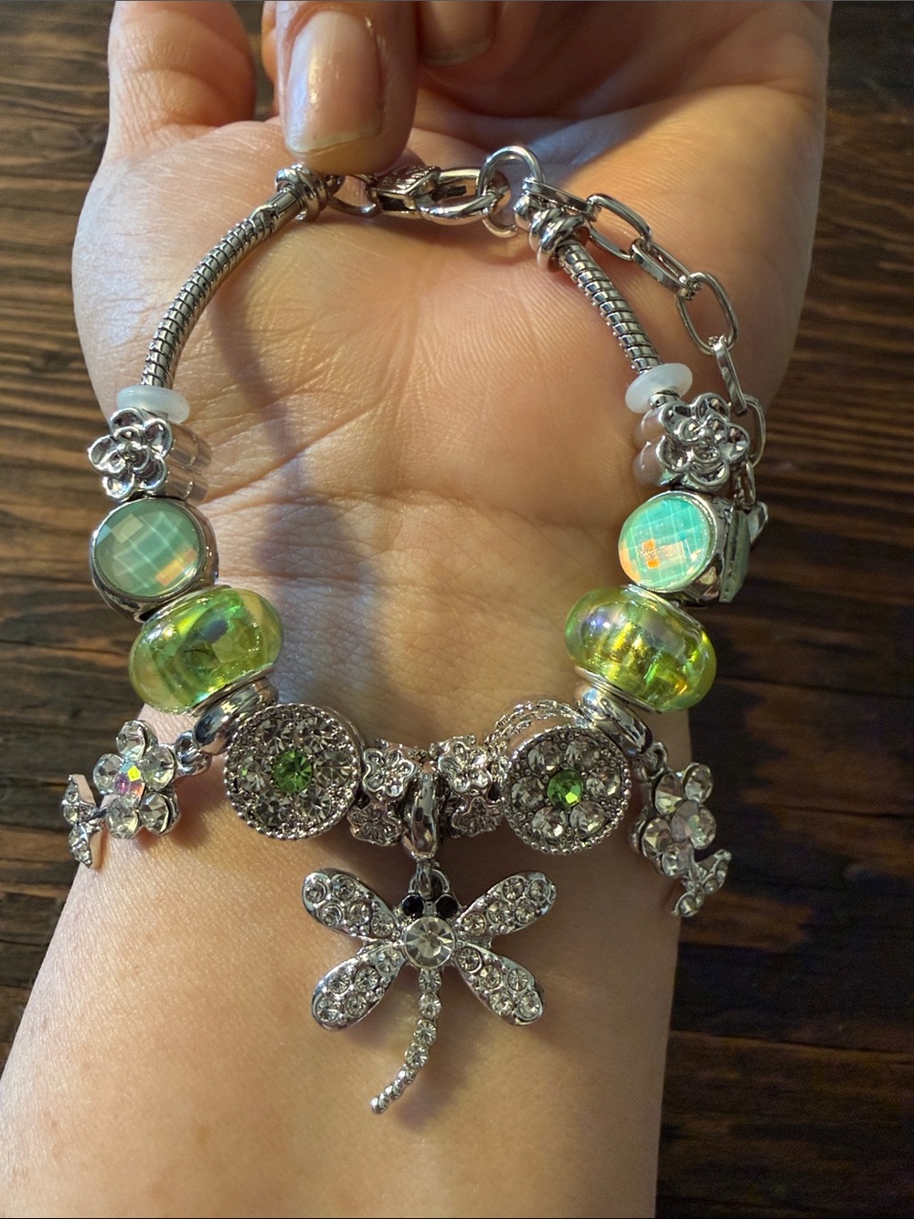 Silver Green Glass & Crystal Dragonfly Charm Bracelet